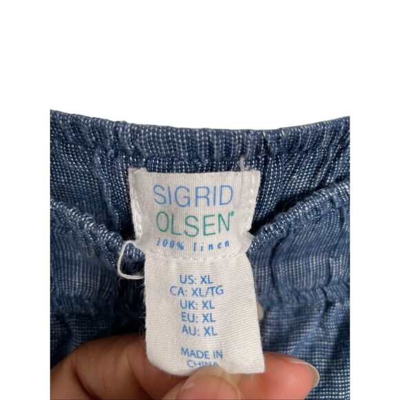 Sigrid Olsen Womens Linen Wide Leg Cropped Pant XL Blue Crosshatch Pattern Flowy - Picture 3 of 4